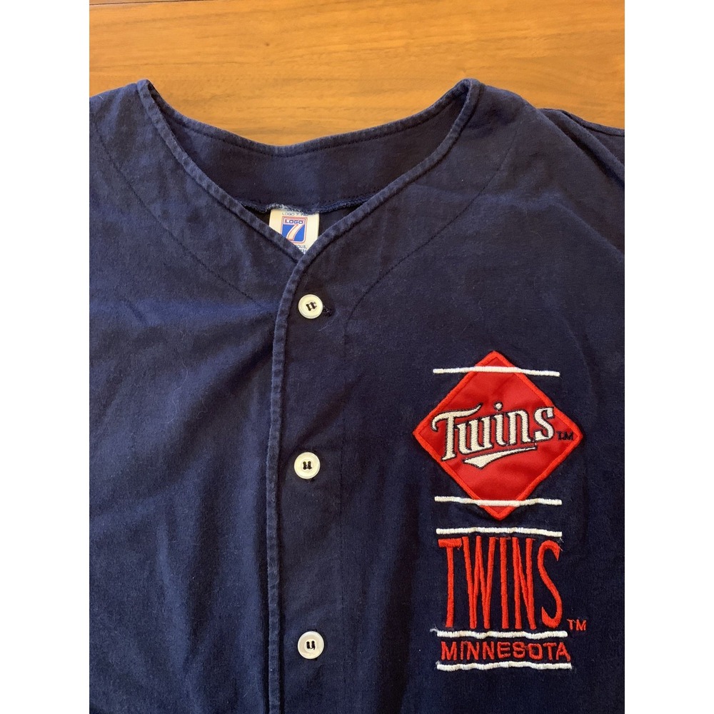 Vintage Minnesota Twins Logo 7 Shirt Mens M Button Up Navy Blue Rare 80s 90s USA